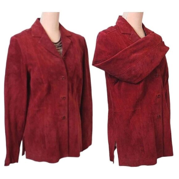 VTG 90s Red Genuine Leather Suede Single Breasted Blazer Jacket Medium - Picture 6 of 15